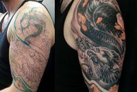 Half Sleeve Black And Grey Colour Dragon Cover Up Tattoo 3648 throughout proportions 3648 X 3264