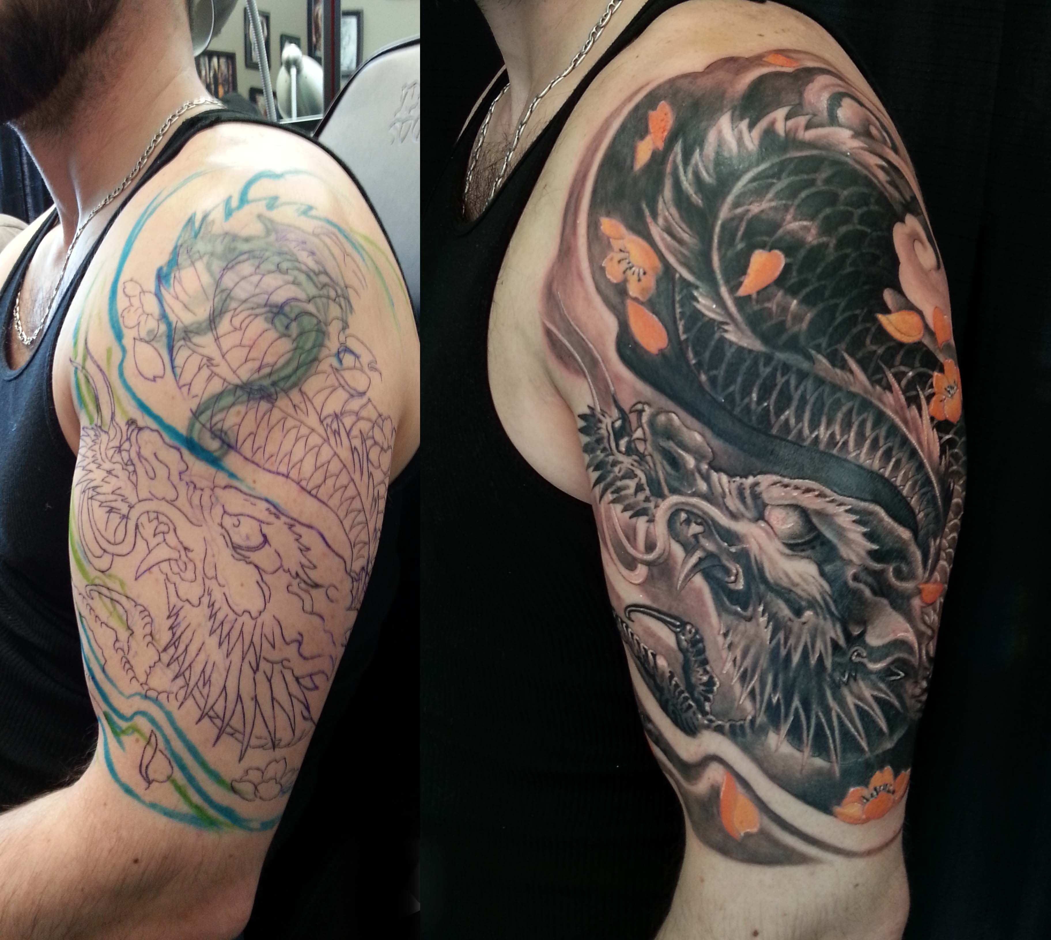 Half Sleeve Black And Grey Colour Dragon Cover Up Tattoo 3648 with regard to sizing 3648 X 3264