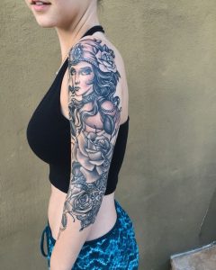 Half Sleeve Gypsy Tattoo With Roses And Mandala Done Craig Toth throughout size 1068 X 1334