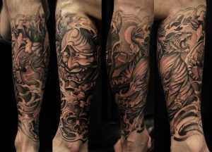 Half Sleeve Tiger And Hannya Mask Tattoo Chronic Ink Tattoo pertaining to proportions 5424 X 3900