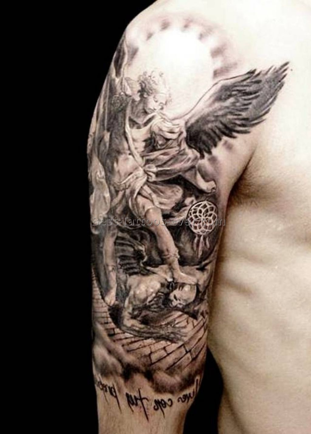 Incredible Fighting Guardian Angel Tattoo On Half Sleeve For Men in dimensions 1024 X 1426