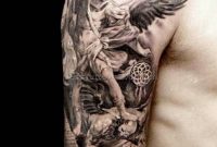 Incredible Fighting Guardian Angel Tattoo On Half Sleeve For Men in size 1024 X 1426