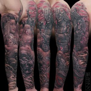 Japanese Sleeve Tattoo Geisha Dragon Temple Samurai Nicklas throughout dimensions 957 X 960