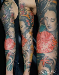 Japanische Geisha Und Samurai Maske Tattoo Am Ganzen Rmel inside size 800 X 1018