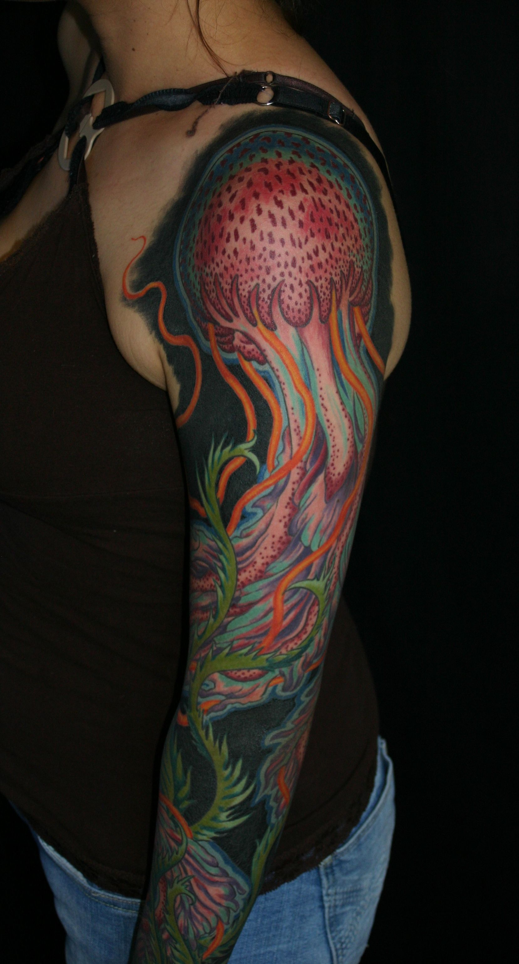 Jellyfish Tattoo Sleeve With Seaweed Black Background Tattoos in sizing 1656 X 3072