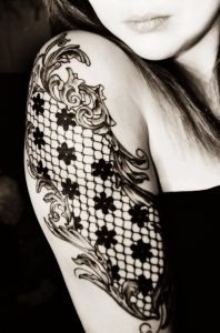 Lace Tattoo On Girl Right Half Sleeve throughout proportions 736 X 1116