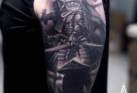 Latest Black Ink Samurai Tattoo On Man Left Half Sleeve Agat regarding proportions 879 X 1200