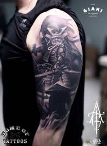 Latest Black Ink Samurai Tattoo On Man Left Half Sleeve Agat regarding proportions 879 X 1200