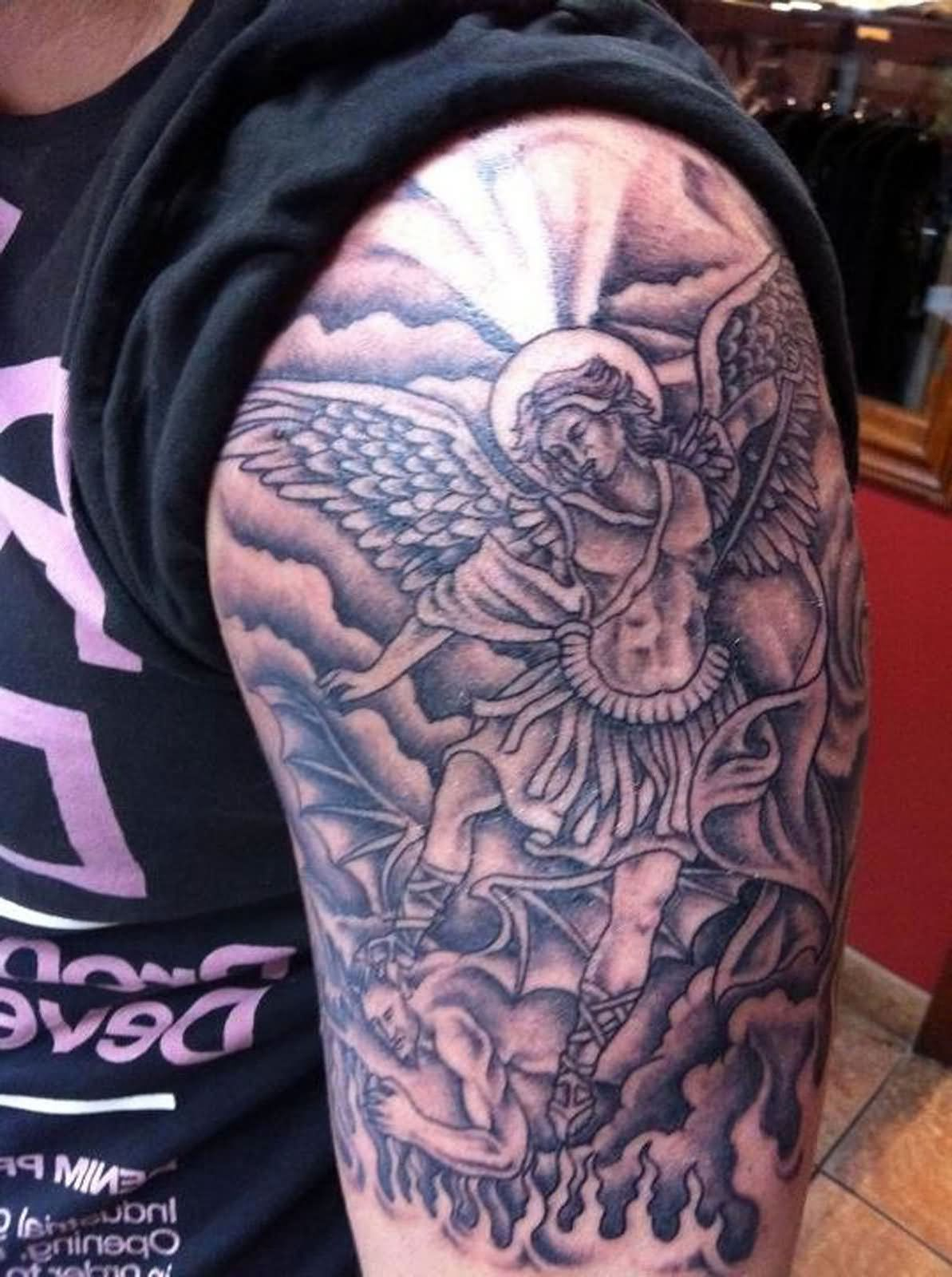 Left Half Sleeve Angel And Demon Tattoo for measurements 1193 X 1600