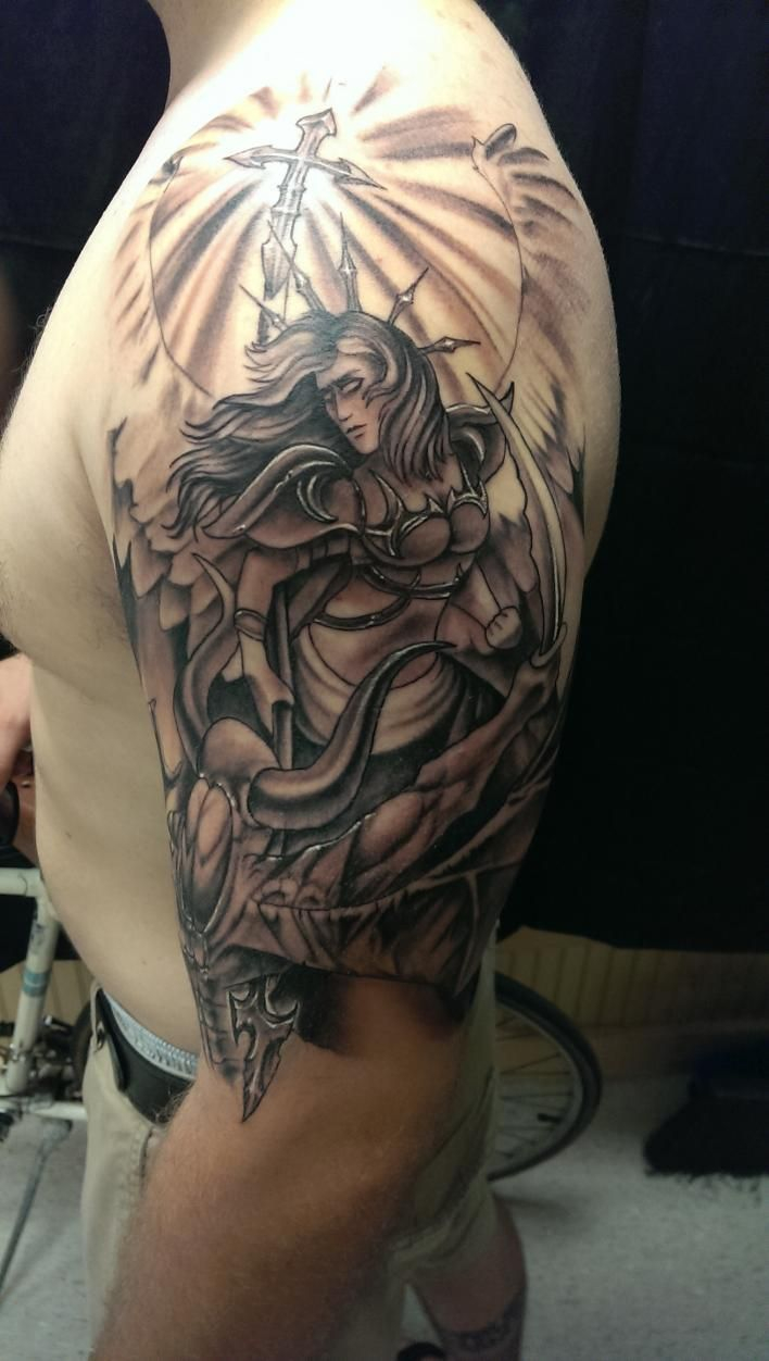 Left Half Sleeve Angel Girl Tattoo For Men throughout dimensions 708 X 1252