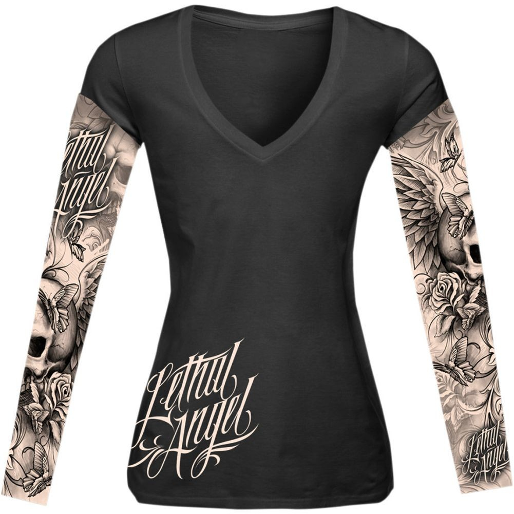 Lethal Threat Skull And Tattoo Long Sleeve Womens T Shirt intended for sizing 1001 X 1001