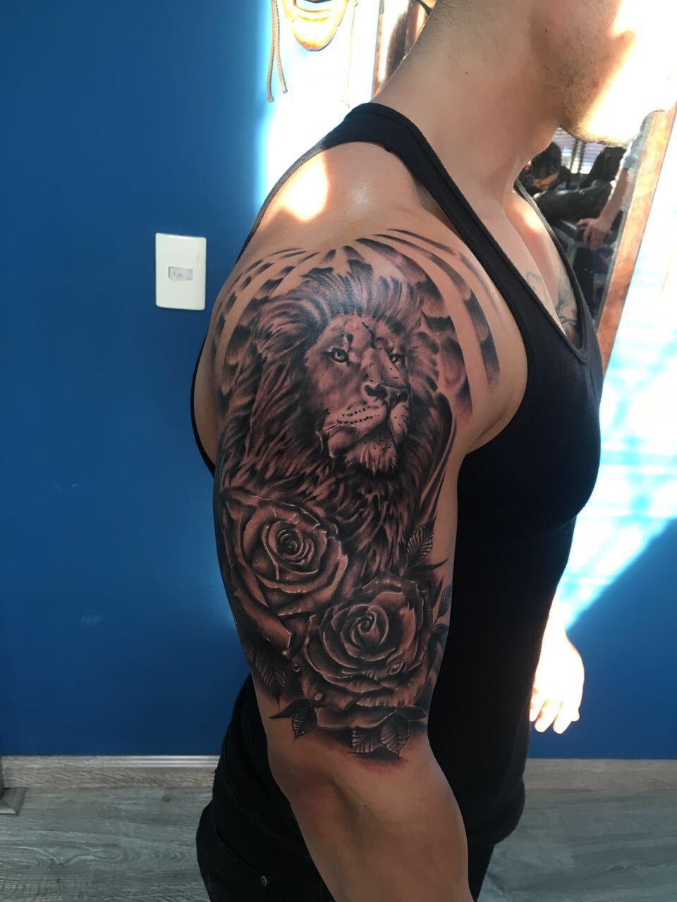 Lion Roses And Lighting Half Sleeve Tattoo Half Sleeves regarding size 960 X 1280