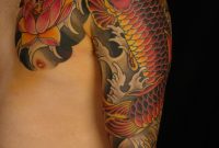 Lotus Flower And Koi Japanese Tattoo On Chest And Sleeve For Men for size 1067 X 1600