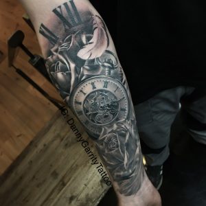 Mens Sleeve Tattoo With Pocket Watch Rose And Feathers Tattoo regarding measurements 1818 X 1818