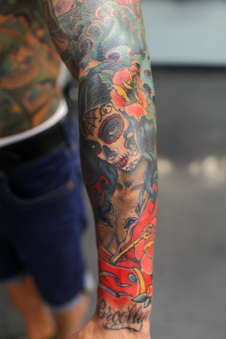 Mexican Coloured Sugar Skull Sleeve Tattoo Body Tattoo Design with regard to sizing 736 X 1102