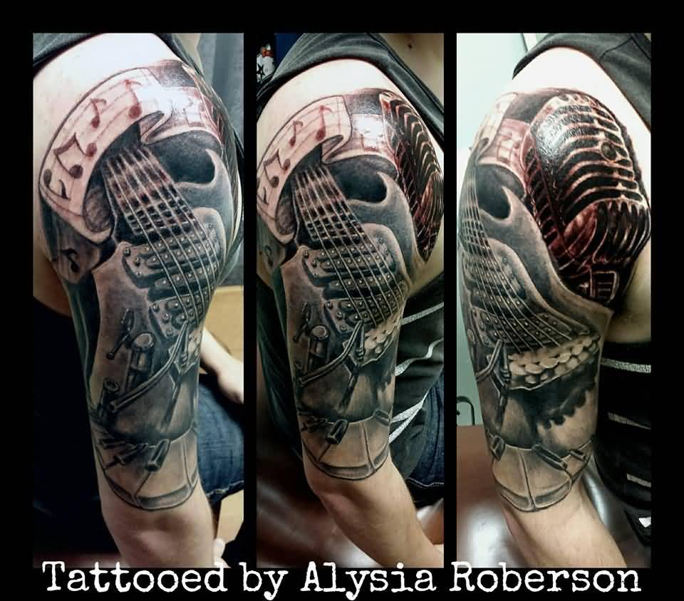 Mic With Awesome Piano Keys And Guitar Tattoo On Half Sleeve for dimensions 960 X 844