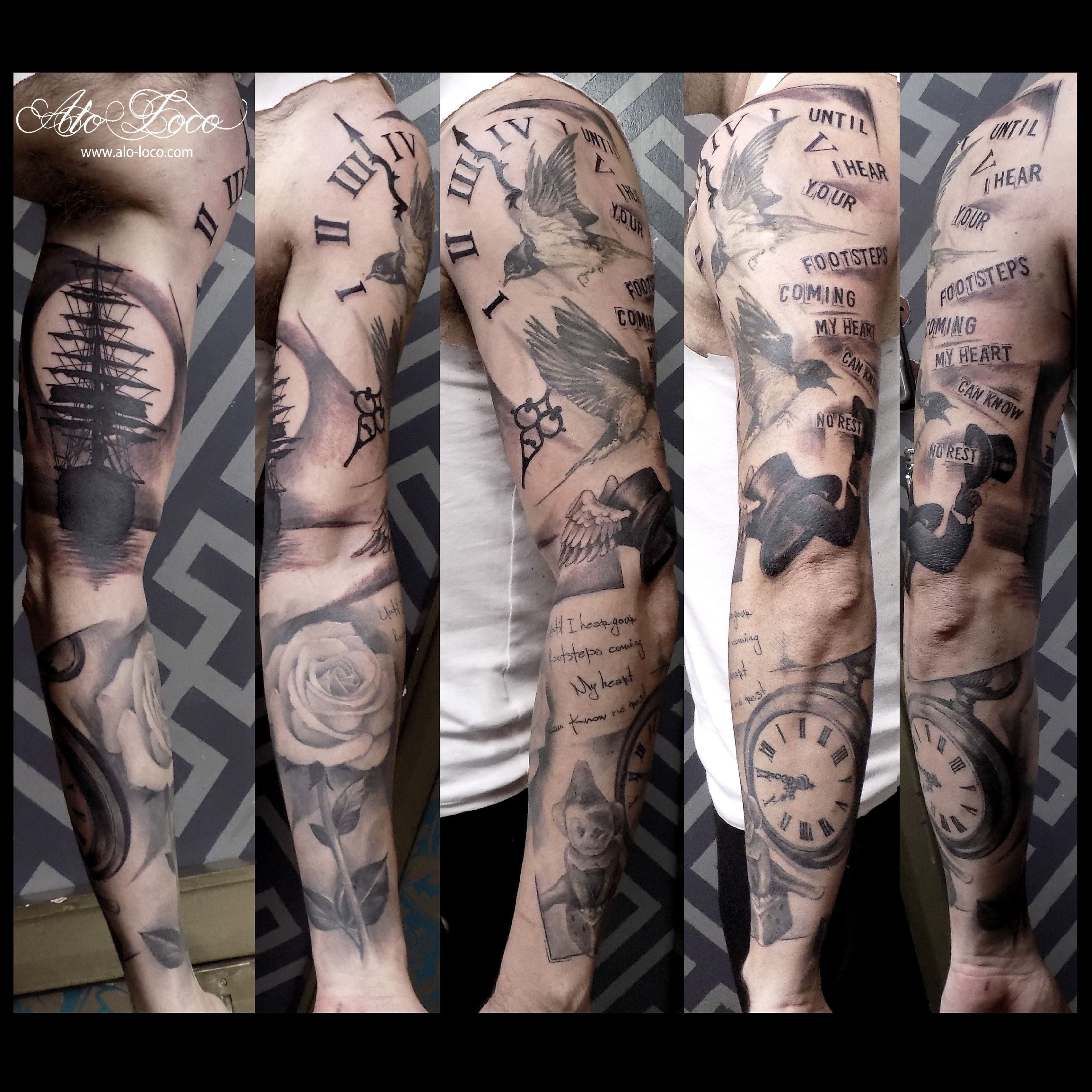 Mix Sleeve Tattoo Clock Bird Roses Ship Lucky Charm Tattoo Designs within size 3400 X 3400