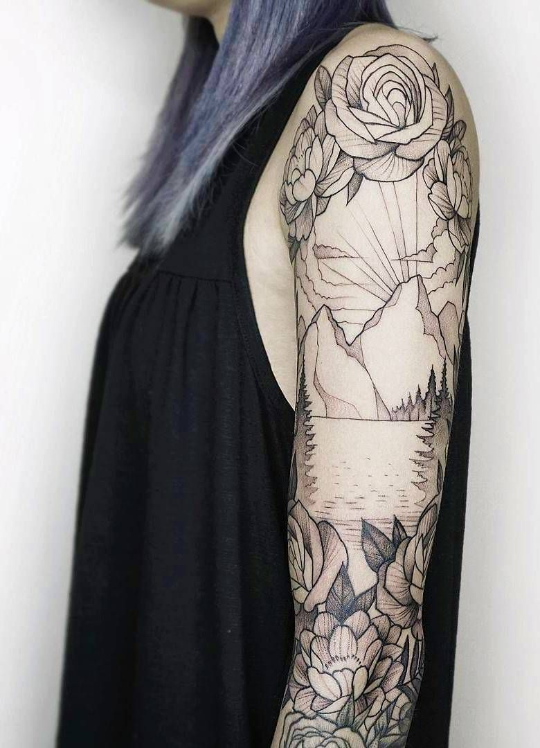 Mountain And Floral Black White Sleeve Tattoo intended for proportions 780 X 1080
