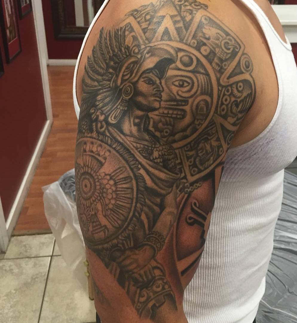 Nice Grey Aztec Tattoo On Man Right Half Sleeve in sizing 994 X 1080
