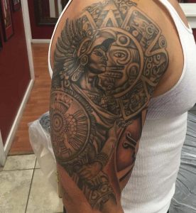 Nice Grey Aztec Tattoo On Man Right Half Sleeve intended for measurements 994 X 1080