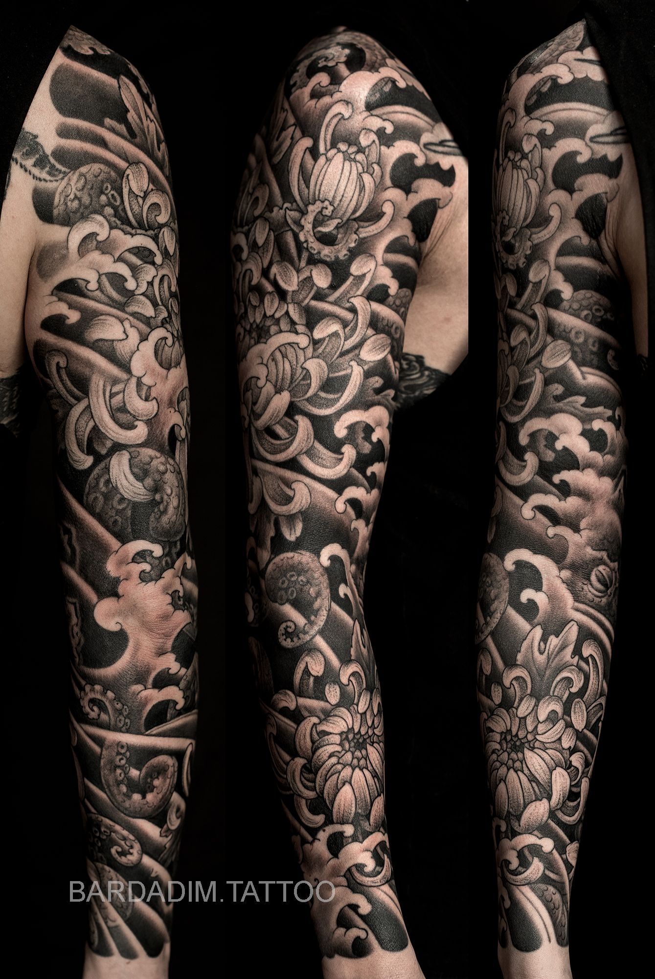 japanese sleeve tattoos black and grey