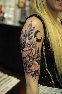 Owl With Roses Black And Gray Tattoo On Upper Sleeve Tattoo intended for dimensions 2000 X 3008