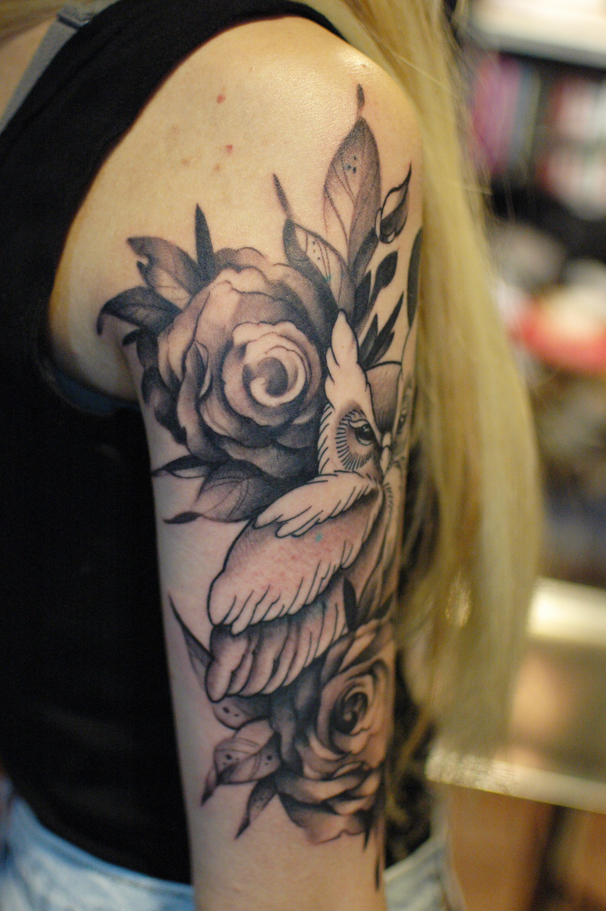 Owl With Roses Black And Gray Tattoo On Upper Sleeve Tattoo regarding sizing 2000 X 3008