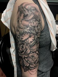 Peony Half Sleeve Tattoo Hummingbird Pocket Watch Black And Grey inside proportions 768 X 1024