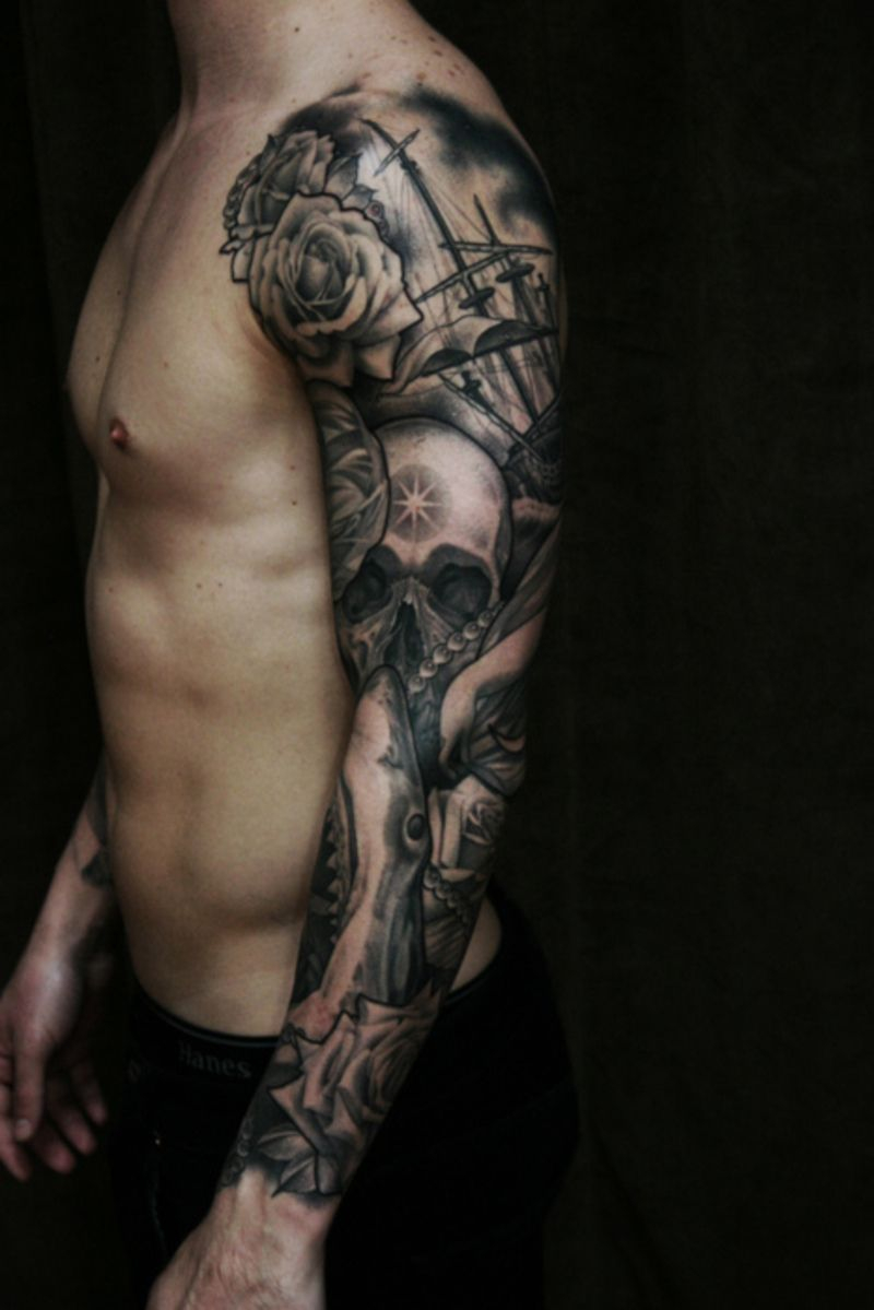 Pirate Sea Shark Skull Ship Sleeve I Would Change Up Some Things with regard to dimensions 800 X 1199