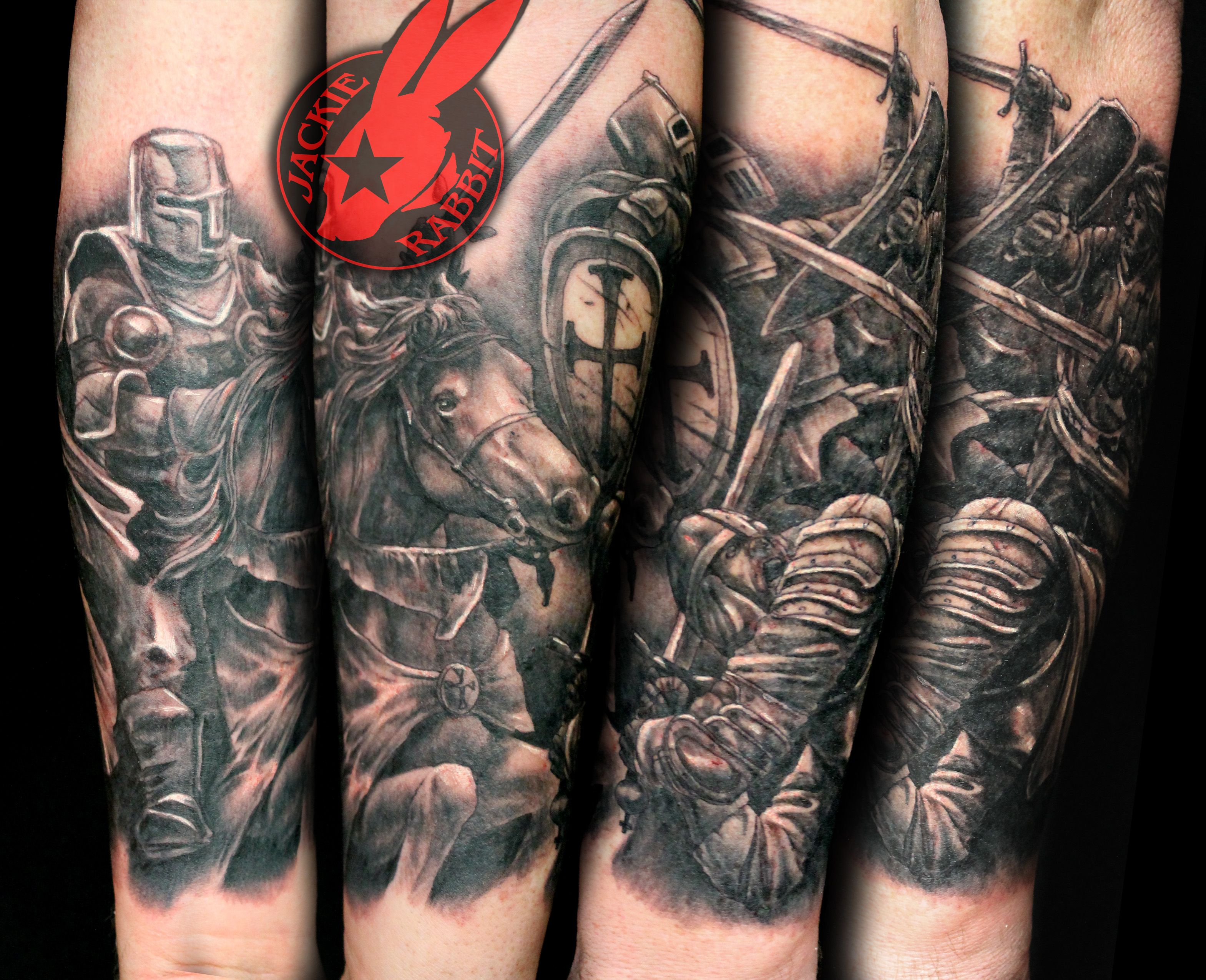 Realistic Knight Warrior Battle Scene Horse Sleeve Tattoo Jackie intended for proportions 3138 X 2550