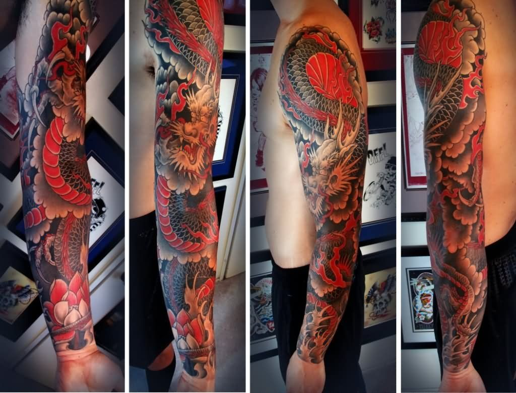 Red And Black Color Dragon Tattoo On Man Left Full Sleeve Tattoos for measurements 1024 X 780