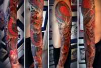 Red And Black Color Dragon Tattoo On Man Left Full Sleeve Tattoos pertaining to proportions 1024 X 780