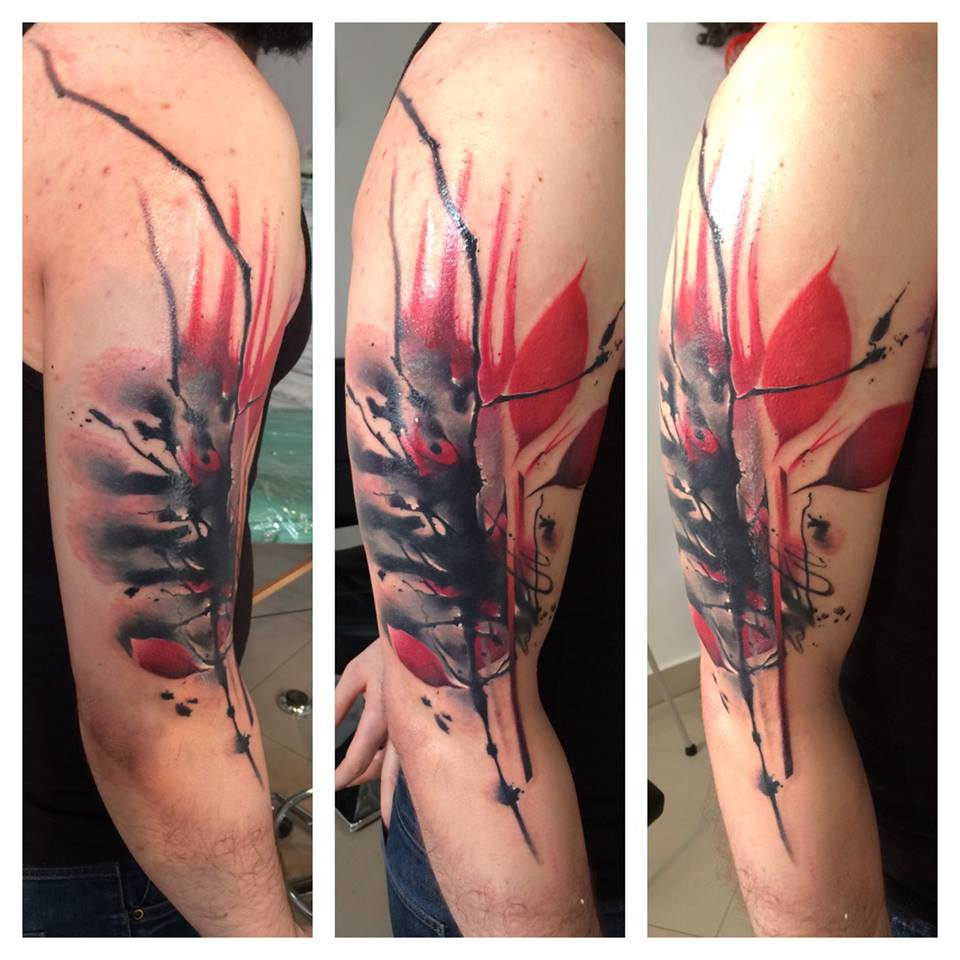 Red And Black Half Sleeve Tattoo Lukasz Kaczmarek Design Of intended for sizing 960 X 960