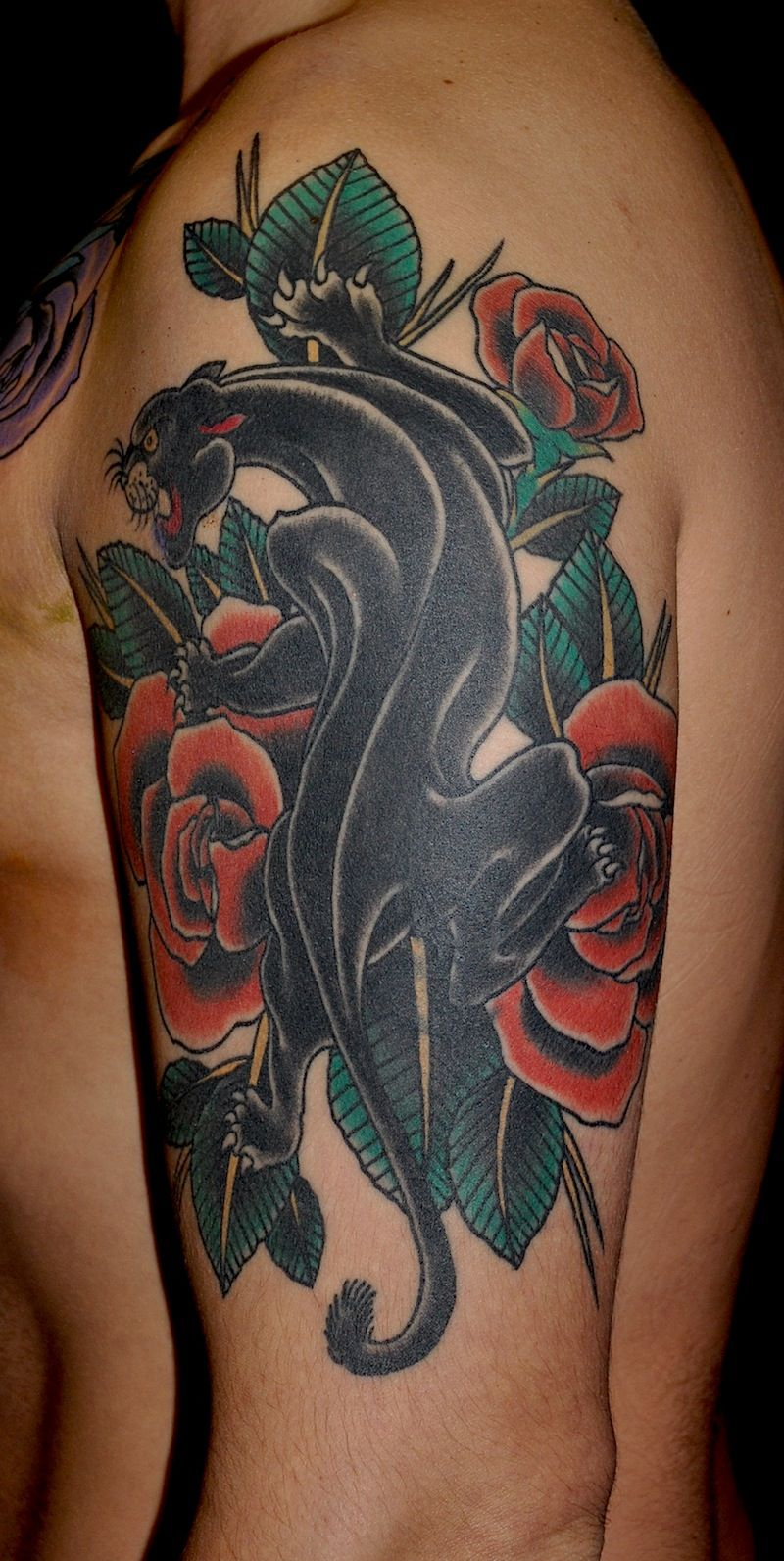 Red Rose Flowers And Panther Tattoo On Left Half Sleeve Tatts pertaining to dimensions 800 X 1592