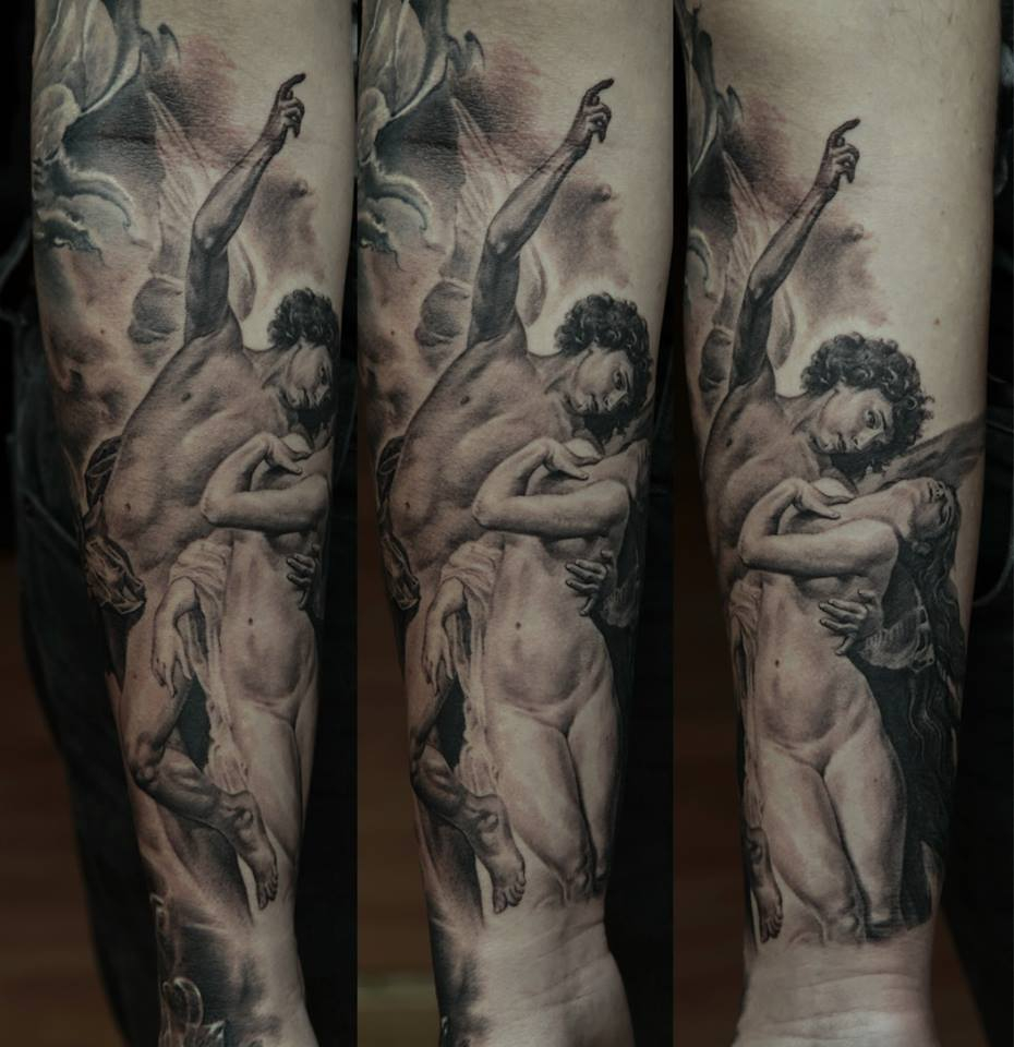 Religious Black Full Sleeve Tattoo Design Dmitriy Samohin throughout proportions 930 X 960