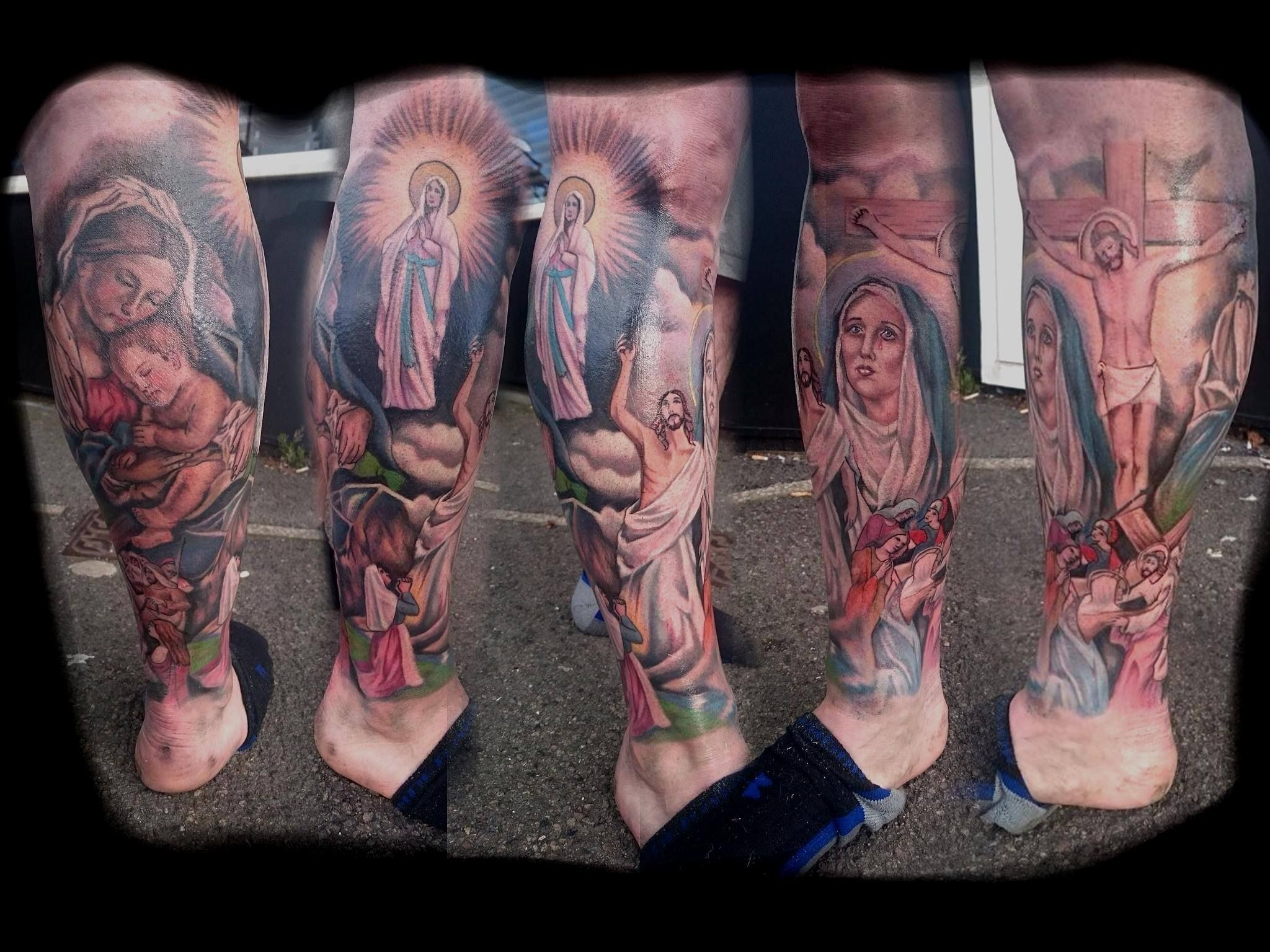 Religious Leg Sleeve Tattoo Ful Leg Wrap Colour Tattoo Jesus in sizing 2048 X 1536