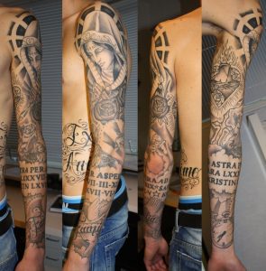 Religious Tattoo Sleeve Unibody On Deviantart inside sizing 886 X 901