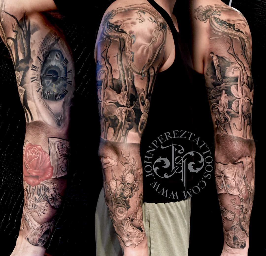 Salvador Dali Tattoo Black And Grey Realism Tattoo Full Sleeve with proportions 1080 X 1039