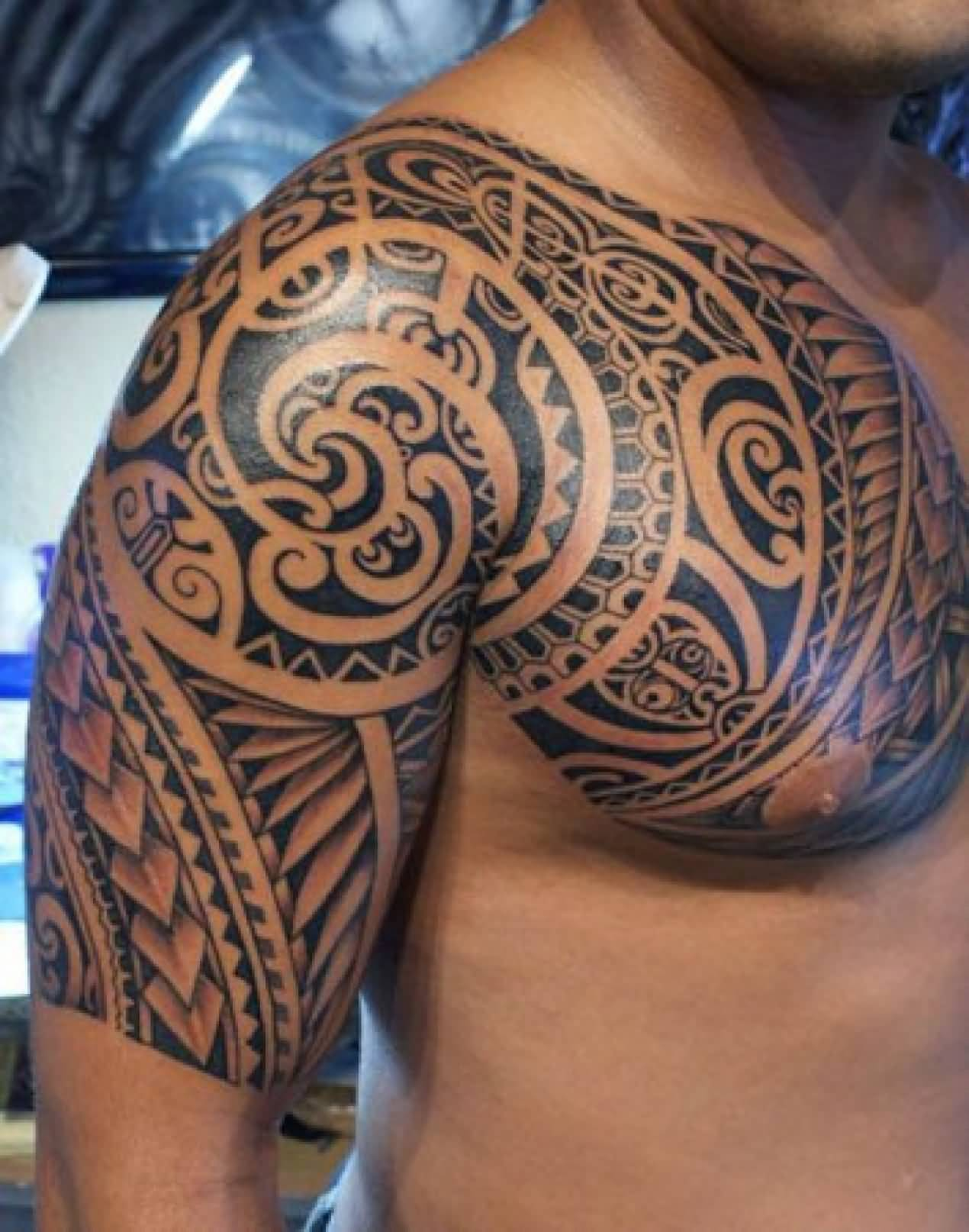 Samoan Tribal Tattoo On Half Sleeve And Chest For Men for measurements 1270 X 1614
