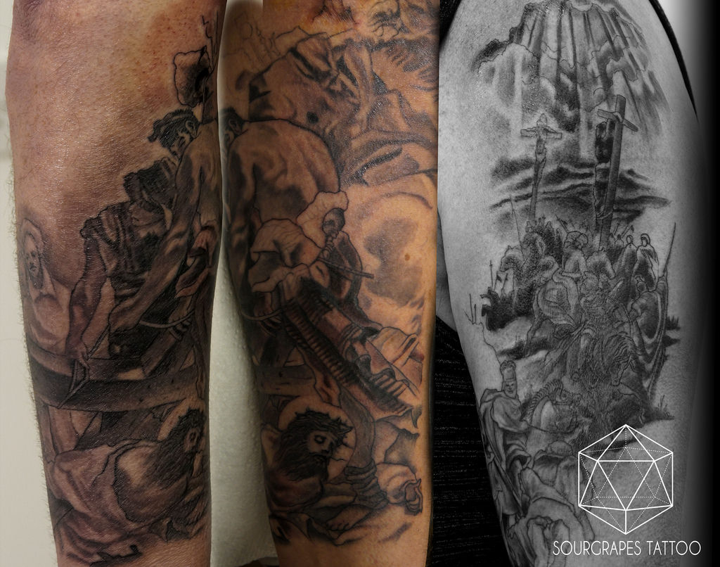 Single Needle Religious Pieta Sleeve Cover Up Tattoo Flickr throughout dimensions 1024 X 806