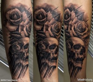 Skull And Flames Sleeve Tattoos Rose Flowers And Skull Tattoo On for dimensions 1121 X 981