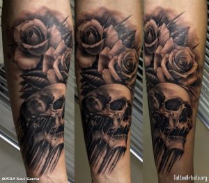 Skull And Flames Sleeve Tattoos Rose Flowers And Skull Tattoo On inside measurements 1121 X 981