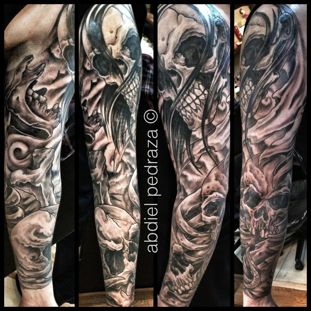 Skull Sleeve Tattoo My Husbands Arm Abdiel Tattoos with regard to size 1000 X 1000