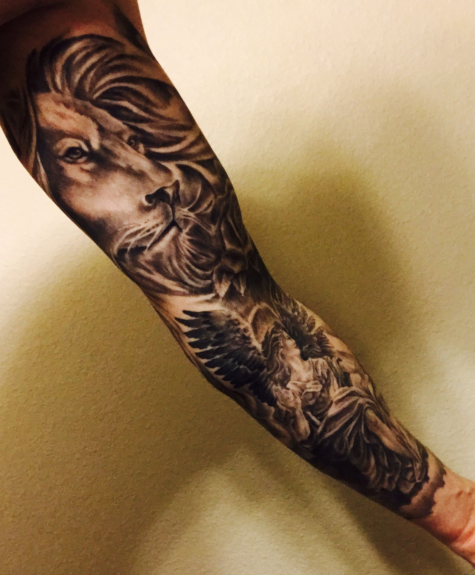 Tattoo Full Sleeve Lion Rose Angel Religious Beauty with regard to dimensions 1599 X 1935