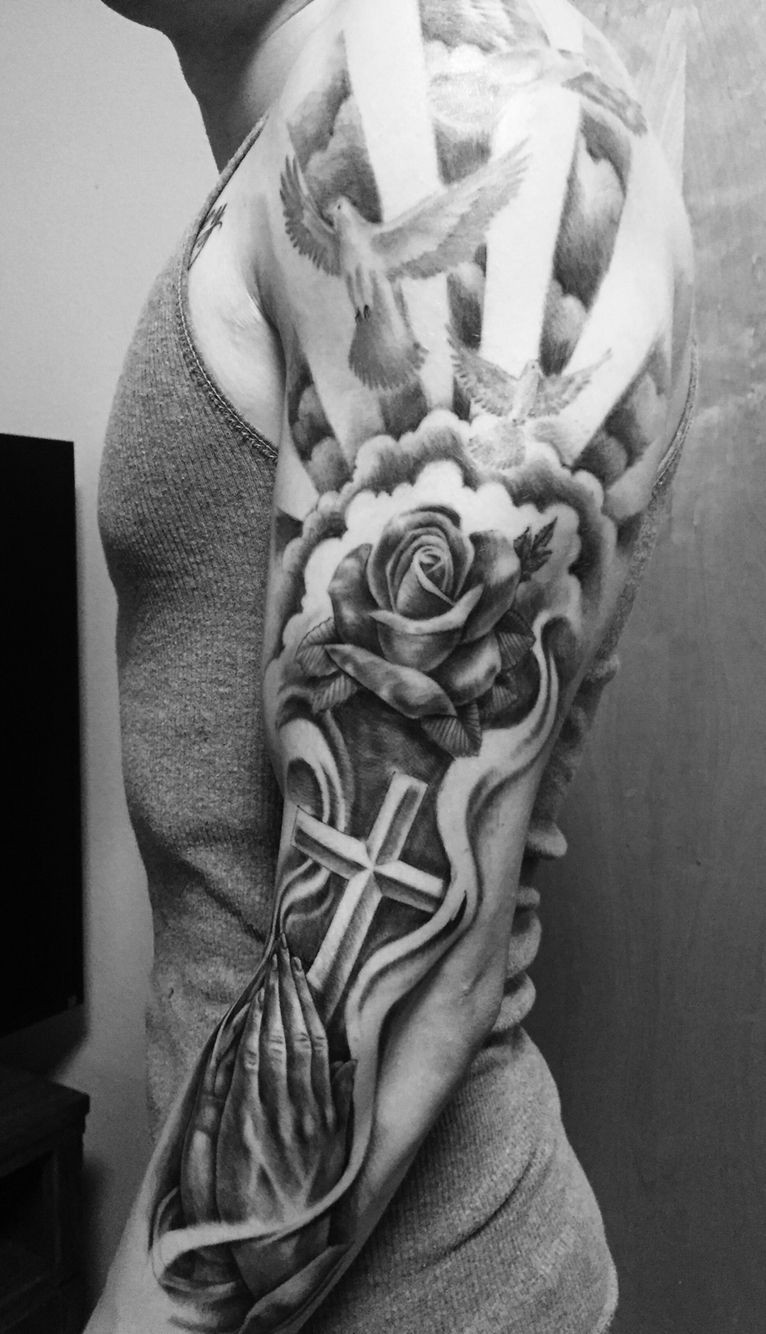 Tattoo Full Sleeve Rose Doves Praying Hands Religious Sleeve regarding proportions 766 X 1334