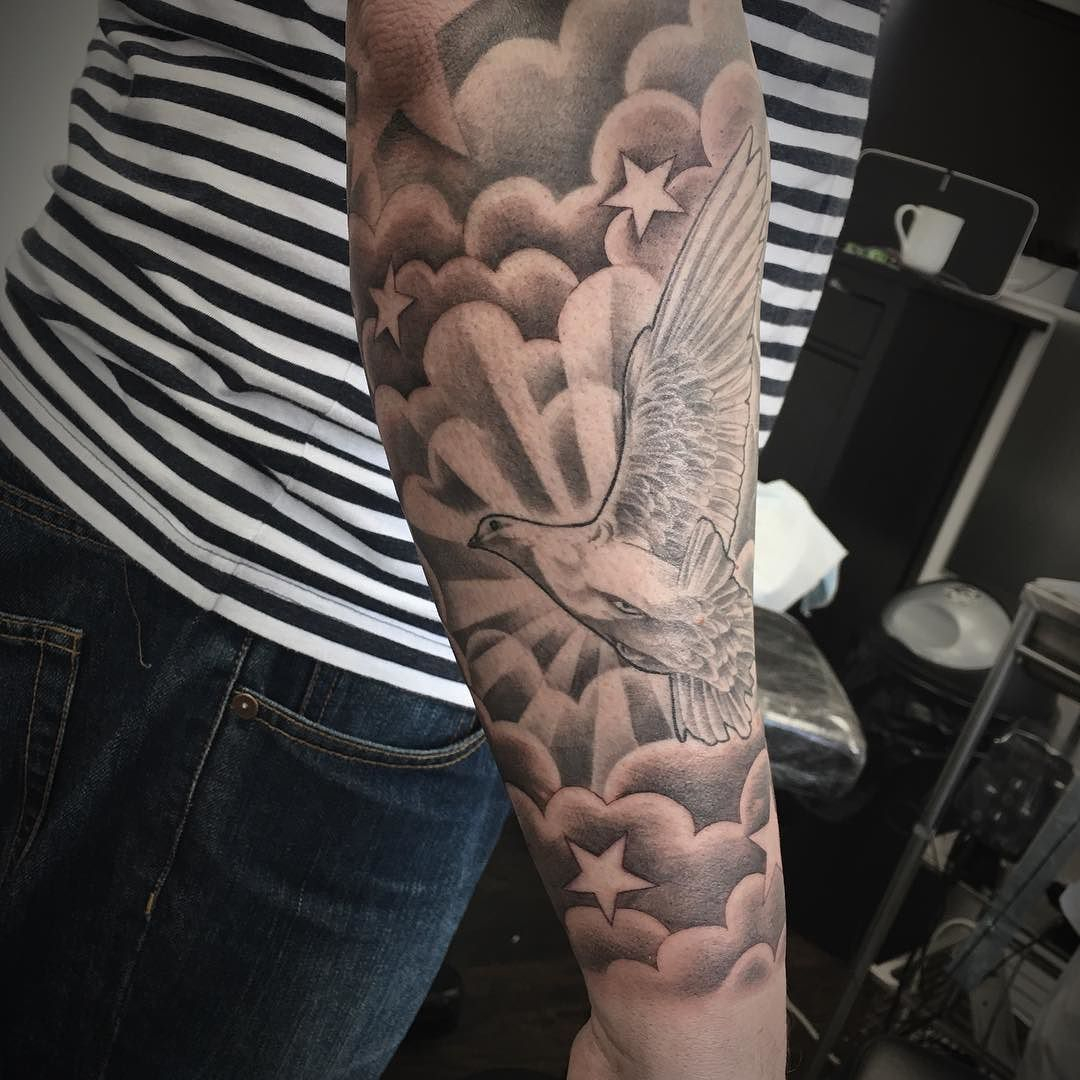 Tattoo Sleeve Finished With Clouds And Stars Healed Dove And pertaining to measurements 1080 X 1080