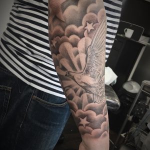 Tattoo Sleeve Finished With Clouds And Stars Healed Dove And regarding measurements 1080 X 1080