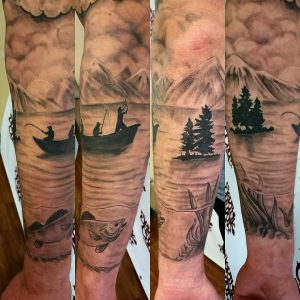 Tattoos Fishing Sleeve Tattoo Beautiful River And Sun Tattoo Nature inside sizing 1080 X 1080