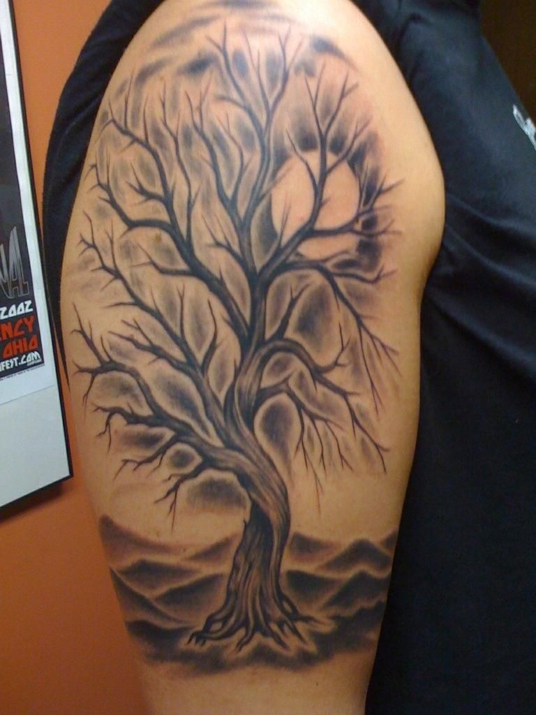 Tattoos Ideas Grey Ink Tree Tattoo Design On Half Sleeve As Well As intended for size 768 X 1024