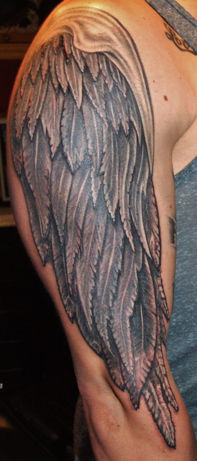 Tattoos Of Wings Full Arm Tattoo Grey Ink Angel Wings Tattoo On with regard to proportions 683 X 1600